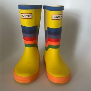 Hunter Kids' Vibrant Yellow and Rainbow Striped Boots sz 12 US